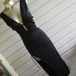 Parvenue Side Slit Lace Up Cutout Midi Dress Stretchy